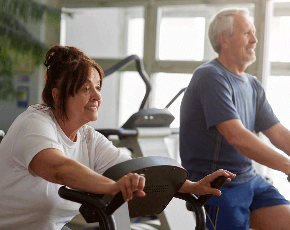 Mature couple on exercise bikes Mature couple on exercise bikes