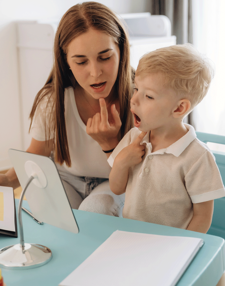 Speech-language pathologist with little body doing speech exercises
